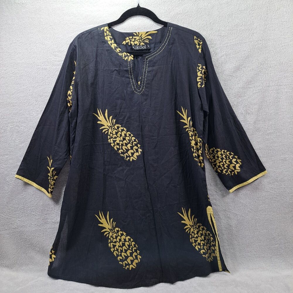 KikiSoL Black Tunic Top or Beach Cover Up Womens Sz L Vacation Cruise Tropical